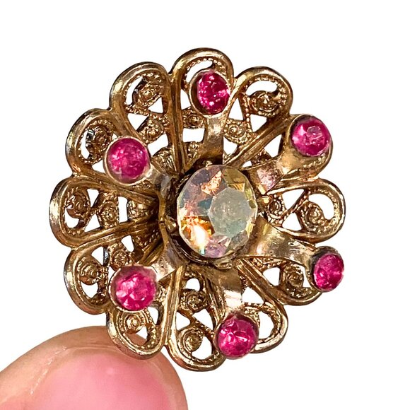 Vintage 60s Gold Tone AB Pink Rhinestone 3D Flower Stick Pin Retro Brooch 3.5” - Picture 10 of 10